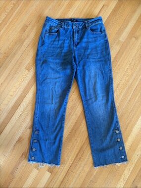 CHARLIE B Dark Blue Straight-Leg Jeans with Side Button Detail and raw edge Cuff